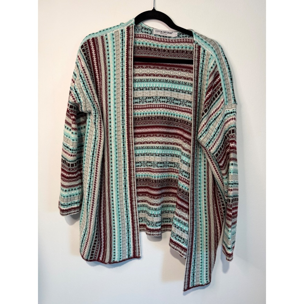 Cotton Emporium Womens Large Open Front Cardigan Fair Isle  Boho Sweater